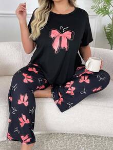 Slumberry CURVE Conjunto de pijama de manga corta y pantalón largo con estampado de lazo, talla grande - Multicolor - Ver 6