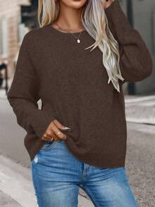 EMERY ROSE Suéter holgado de manga larga y unicolor casual para mujer - Marrón Mocha - Ver 6