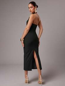 Silquee Women's Solid White Halter Backless Dress, Spring/Summer,Wedding Guest Dress Women - Black - View 2