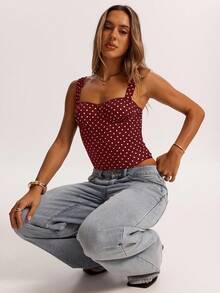 SHEIN BAE 女士约会之夜女友聚会生日派对夜店假日派对优雅波点上衣，女友聚会，约会，日常通勤束身衣，性感夏季上衣，可爱上衣，红色上衣 - 酒紅色 - 查看 4