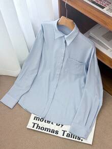 Livesso Solid Color Casual Versatile Long Sleeve Collared Pocket Blouse For Women, Spring/Summer Linen,Fall Clothes - Blue - View 9