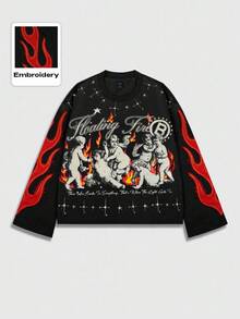 ROMWE MEN Street Life Embroidered Angels Distressed Long Sleeve T-Shirt For Men, Fall - Black - View 4