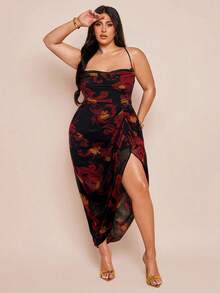 SHEIN BAE 加大码女款紫色网眼印花褶饰高开衩垂坠领吊带背心裙，春夏，Y2K，美国独立日服装，性感女款夜店服装，乡村音乐会服装，美国独立日，女款音乐会服装，狂欢节服装，女款西部服饰，毕业礼服，女款度假服装，碎花，女款夏季服装，优雅女款连衣裙，太阳裙，飘逸连衣裙 - 紅色 - 查看 3