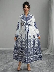 Momance 优雅V领女式印花长袖系腰连衣裙 - 藍色 - 查看 2