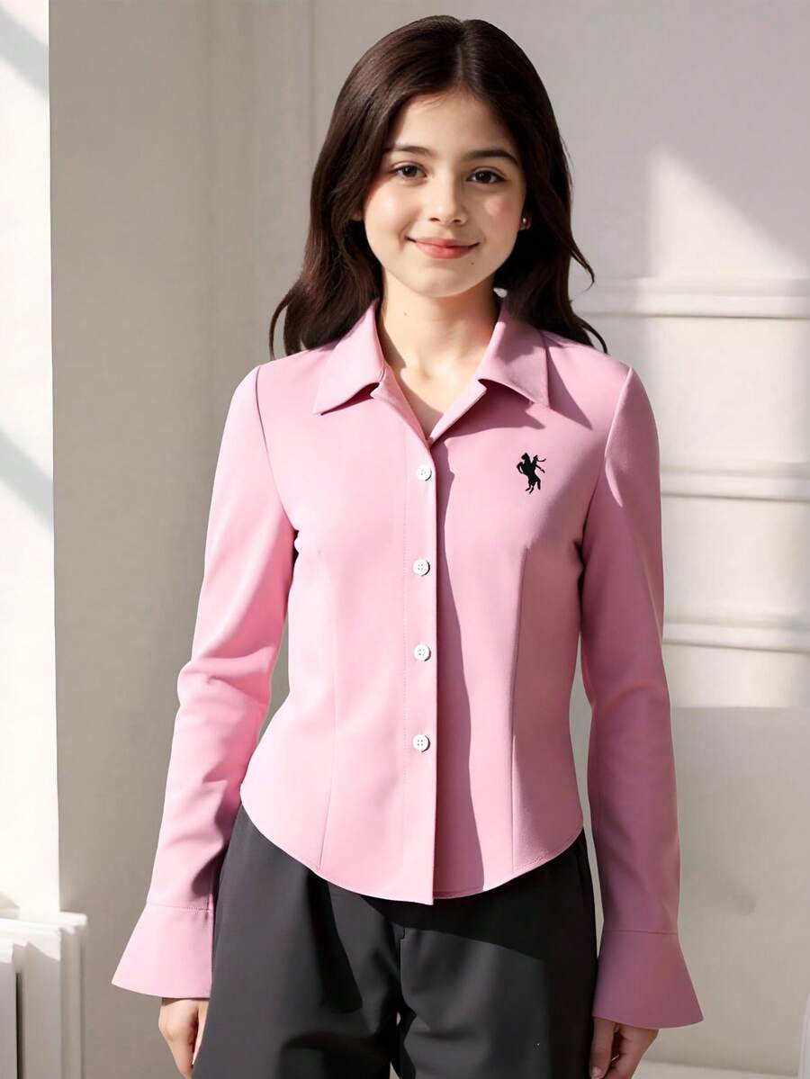 青少年女孩花卉印花修身纽扣长袖休闲衬衫，读书周服装青少年女孩长袖上衣 - 粉色 - 查看 1