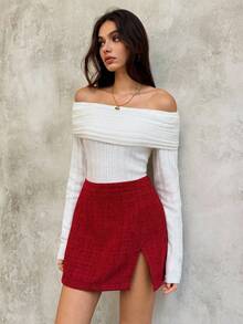 SHEIN Unity Women's Thick Woolen A-Line Skirt, Red, Autumn/Winter - Burgundy - View 6