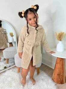 年轻女孩可爱熊刺绣 3D 耳朵加厚腰长袍，圣诞节和万圣节家居服 - 卡其色 - 查看 5