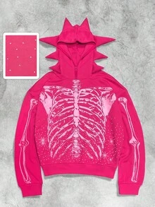 ROMWE MEN Street Life Men's Skeleton Antennae Print Sweatshirt - Hot Pink - View 1