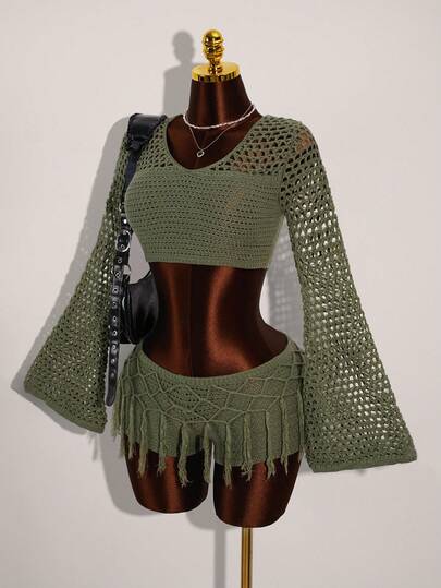 Amplova Women's Fashion Sexy Solid Color Hollow Out Flare Sleeve Super Short Sweater With Tassel Decor Knit Shorts 2 Pieces Set