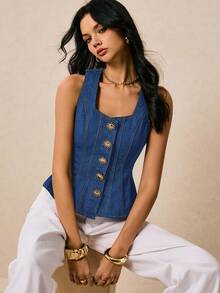 Poéselle Nouveauté Tops en denim pour femmes, col carré, bretelles, décoration boucle métallique, volants à la taille au dos, ourlet. Vêtements d'automne, tops en denim bleu foncé. Élégant à la française, mode de rue, porter au quotidien, idéal pour les voyages