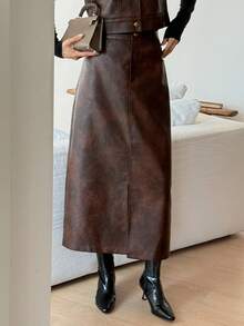 DAZY 女士秋冬PU皮单排扣背心和裙子两件套 - 咖啡棕 - 查看 4