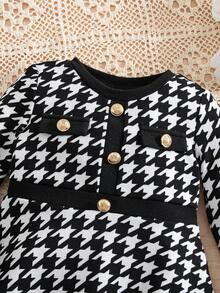 SHEIN Babygirl Elegant Houndstooth Pattern Long Sleeve Dress Fall Winter - Black and White - View 5