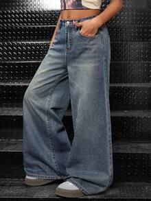 SHEIN 少女Y2K时尚90年代高腰星形拼接流苏低腰破洞宽松阔腿牛仔裤，毛边裤脚和斜插口袋，休闲学院风，舒适时尚简约实用百搭柔软面料，秋冬返校季，秋季，街头风，Y2K宽松牛仔裤，阔腿牛仔裤，宽松牛仔裤，Y2K复古水洗牛仔宽松牛仔裤，街头牛仔裤 - 中等水洗藍 - 查看 6