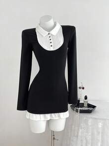 Elamini Váy dài tay họa tiết khối màu chắp vá dành cho nữ, phù hợp cho mùa tựu trường, Thu/Đông - màu đen - Xem 4