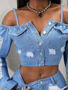 SHEIN PETITE 女士露肩长袖做旧牛仔短外套 - 藍色 - 查看 7