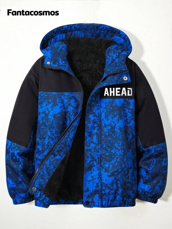 1pc Boys' Camouflage Hooded Fleece Jacket, Versatile For Daily Wear, Winter Fall