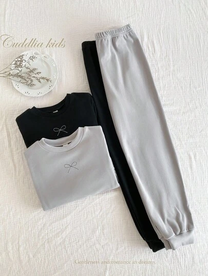 SHEIN 4件套女童优雅简约黑灰蝴蝶刺绣长袖上衣和裤子保暖内衣套装