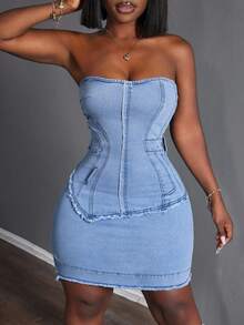 Slaydiva Đầm hở lưng denim cỡ lớn - Màu xanh lam - Xem 7