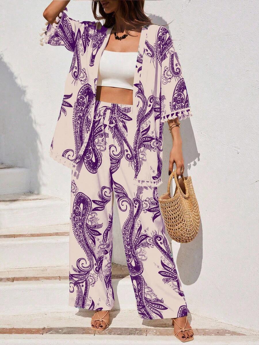 EMERY ROSE Bộ 2 món áo khoác cardigan dáng rộng và quần ống rộng cho nữ - Màu tím - Xem 1