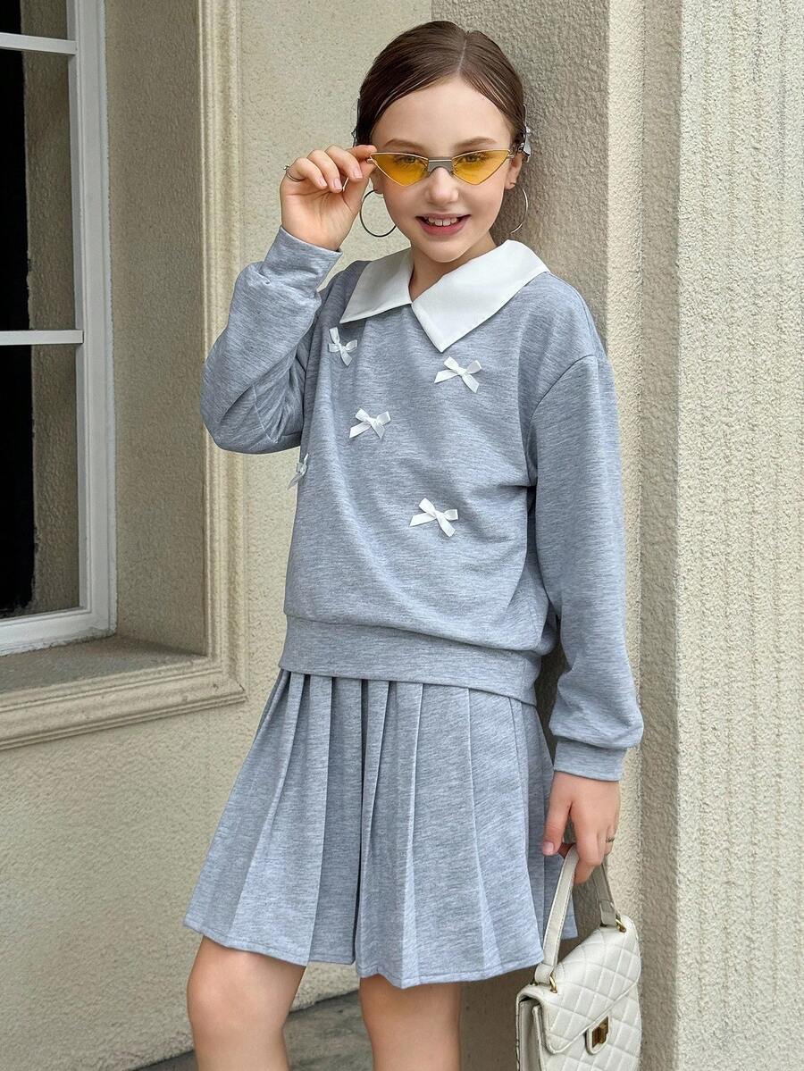 Bộ áo nỉ cổ polo và chân váy 2 trong 1 cho bé gái tuổi teen - Xám - Xem 1