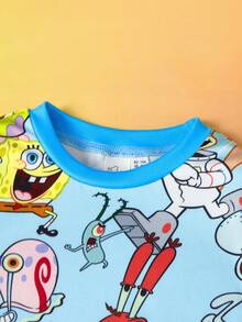 SpongeBob SquarePants | SHEIN 2pcs/Set Young Boy Cartoon Pattern Crew Neck Long Sleeve Top And Pants Knit Casual Stretchy Tight Pajama Set