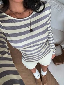 SHEIN EZwear 2pcs Casual Striped Long Sleeve Top And Shorts Set - Multicolor - View 6