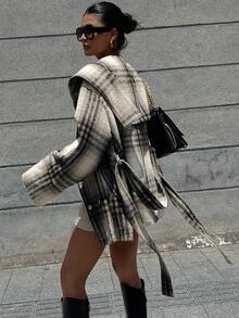 DAZY 女士优雅图案腰带常规款外套，秋冬格子女式大衣 - 灰色 - 查看 9