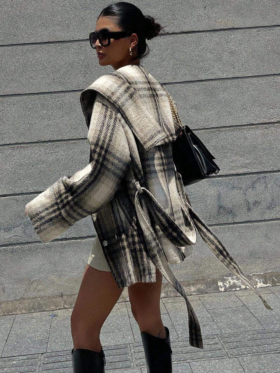 Women's Elegant Patterned Waist Belt Regular Jacket, Autumn/Winter Plaid Women Coats