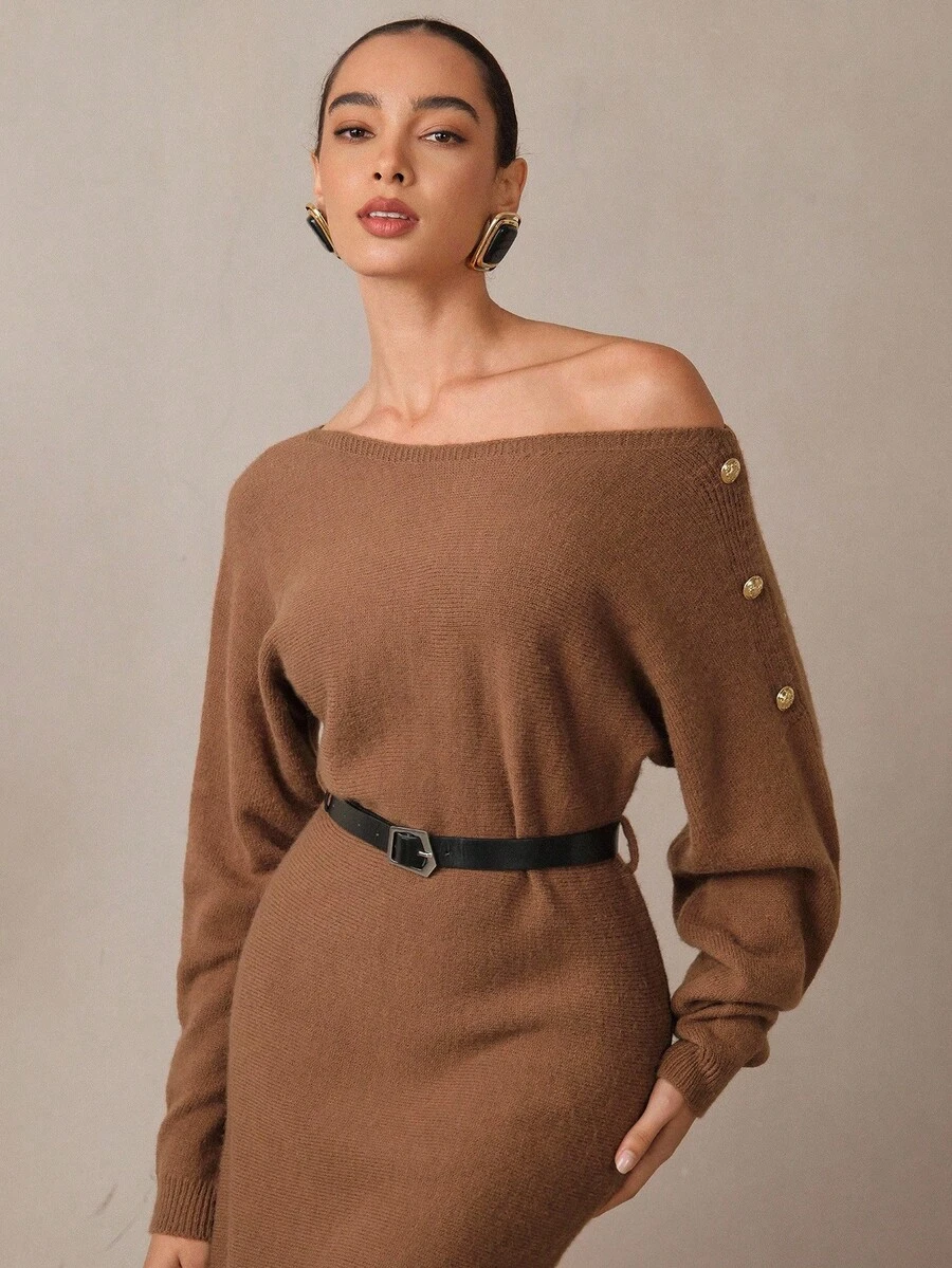 Modelyn Gaun Sweater Wanita dengan Gesper dan Bahu Terbuka - Coffee Brown - View 1