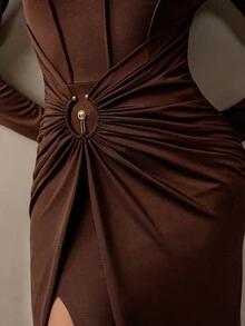 Modelyn 女士时尚性感裹身高开衩连衣裙 - 棕色 - 查看 7