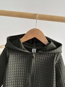 SHEIN 男婴格子连帽连体衣，秋冬季拉链设计加厚保暖外套连体衣，秋季新品 - 墨綠色 - 查看 4