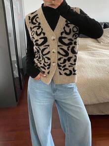 Siren Gaze Damen Strickweste mit Leoparden-Muster und V-Ausschnitt, Knopfleiste, Herbst/Winter