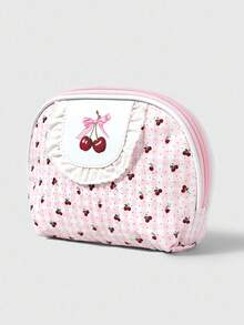 ROMWE Kawaii 1 件白色蕾丝和波尔卡圆点樱桃图案大容量便携式半圆形化妆包