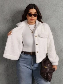 Elaquor Chaqueta de forro polar casual de un solo pecho de unicolor para mujer de talla grande, otoño/invierno