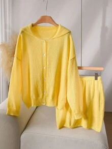 CosyJoli Plus Size Women Yellow Casual Dolman Cardigan & Skirt Set Yellow Two Pieces Set Women Two Pieces Outfits Yellow Sets For Women Yellow Knit Set Yellow Sweater Set Autumn Winter Clothes For Women