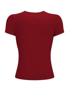 INAWLY Women's Solid Color Round Neck Short Sleeve Casual T-Shirt, Summer - Burgundy - View 2