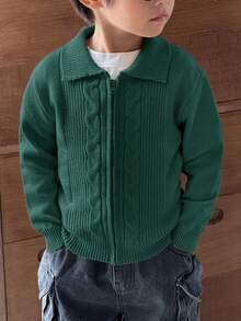 SHEIN Young Boys' Casual Twist Floral Front Zip Knit Cardigan Fall Winter - Dark Green - View 2