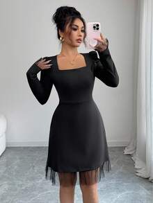Elenzga Vestido elegante de mujer con cuello cuadrado, mangas abultadas y dobladillo de malla de unicolor - Negro - Ver 3