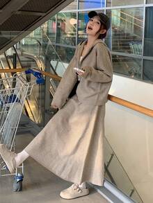 DAZY Women's Solid Color Drop Shoulder Long Sleeve Zip Front Hooded Cardigan And Knit Skirt Casual 2 Pieces Set, Autumn - Khaki - View 3