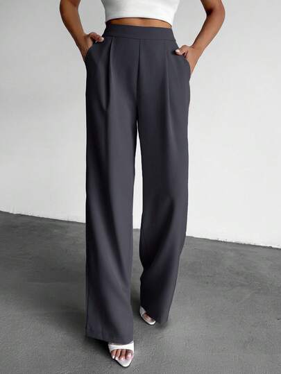 EURMUSE Plus Size Women's Solid Color High Waist Pleated Wide Leg Loose Casual Pants For Work