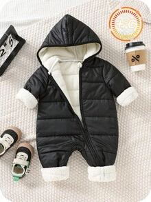 SHEIN 新生儿男女款羊毛连帽连体衣，黑色，秋冬 - 彩色 - 查看 3