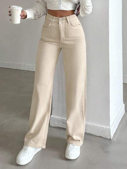 EURMUSE 100%Cotton Women's Solid Color High Waist Straight Leg Jeans