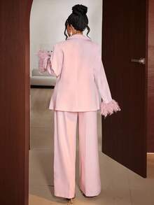 Maweii 大码女式纯色垫肩长袖袖口装饰优雅西装外套+休闲裤两件套，适合优雅外出、通勤、春、秋、冬穿着。 - 粉色 - 查看 3