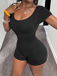 Slaydiva 无缝高弹力运动连体衣，瑜伽运动连体衣 - 黑色 - 查看 2