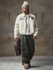 AXEPEAK 男士秋季标语印花长袖口袋休闲夹克，适合秋冬 - 杏色 - 查看 3