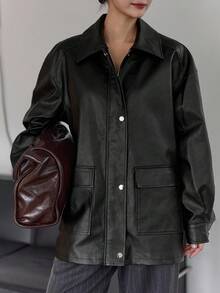 DAZY 女士PU皮革中长款休闲常规夹克女式外套