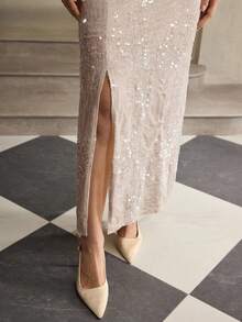 ZEYLAH 女士优雅亮片方领开衩中长连衣裙 - 杏色 - 查看 2