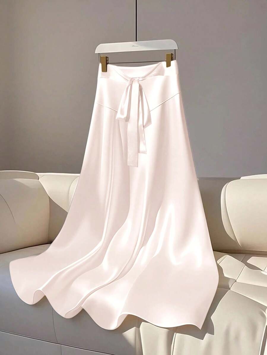 SHEIN Clasi Plus Size Satin Apricot Maxi Skirt: Elegant High-Waisted Semi-Sheer Woven Long Skirt With Tie Detail For Casual Style - Apricot - View 1