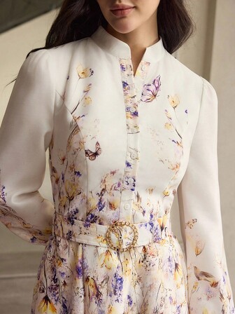 ZEYLAH Elegant Floral Print Lantern Sleeve Dress, Autumn Fall Cloth For Women