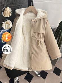 SHEIN Fashionable Mid-Length Hooded Cinched Waist Thermal Lined Padded Coat For Tween Girls Loose Fit, Comfortable For Daily Wear, Commuting, Outings And Photo Shoots Fall Winter - Khaki - View 1